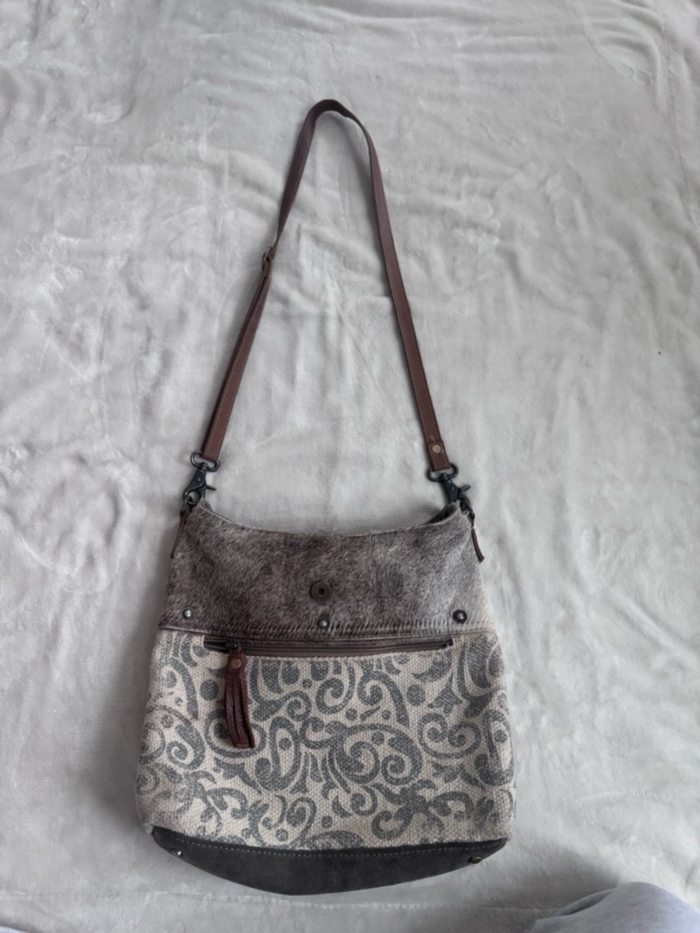 Myra Bag Gray Patterned Crossbody with Brown Trim